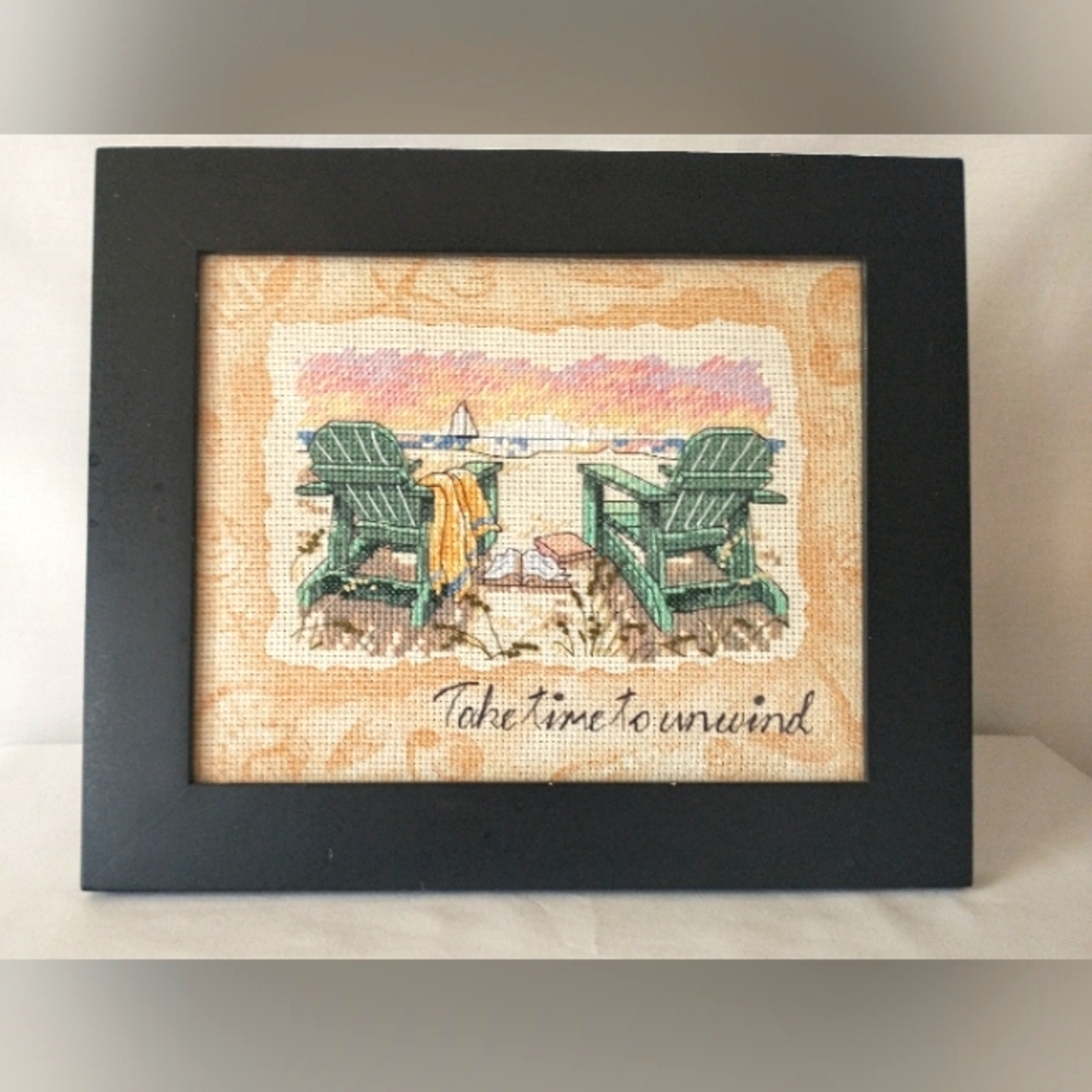 "Take Time To Relax" - Framed Needlework/Crosstitch - Black Wood Frame w/ Stand